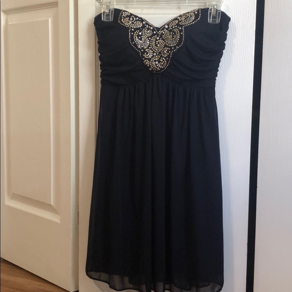Navy Blue Jeweled Strapless Dress